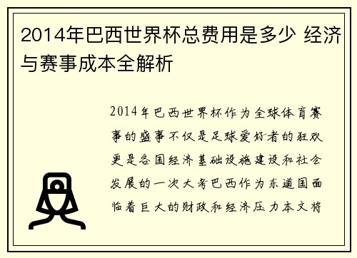 2014年巴西世界杯总费用是多少 经济与赛事成本全解析