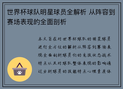 世界杯球队明星球员全解析 从阵容到赛场表现的全面剖析